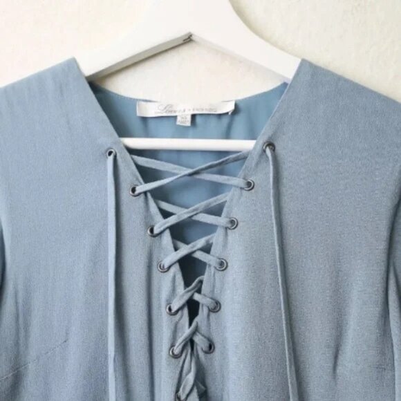 Lovers + Friends Lace Up Boulevard Top/Blouse, Dusty Blue, Size XS - Picture 7 of 10